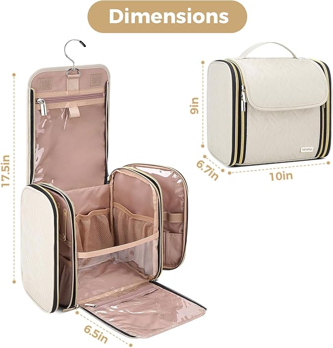Hanging Toiletry Bag & Makeup Bag for Women with Jewelry Organizer - TSA Approved Large Capacity Travel Cosmetic Organizer, Waterproof Shower Essentials Case with Transparent Pockets, Beige