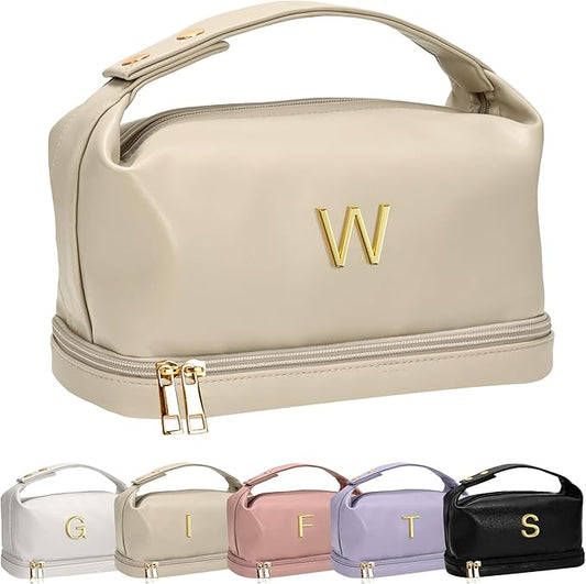 Letter Makeup Bags, Personalized Bags with Handle, Waterproof Double Layer Cosmetic Bag, Large Capacity PU Leather Makeup Bags Letter Travel Toiletry Bag with Makeup Brush Organizer