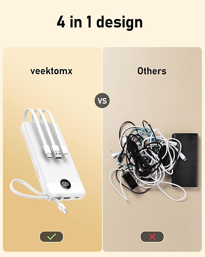 VEEKTOMX Portable Charger Built-in Cables, 10000mAh Power Bank for iPhone, Fast Charge USB C Battery Pack Travel Essentials Powerbank Compatible with iPhone 17/16/15/14, Samsung S25/24, Android, etc