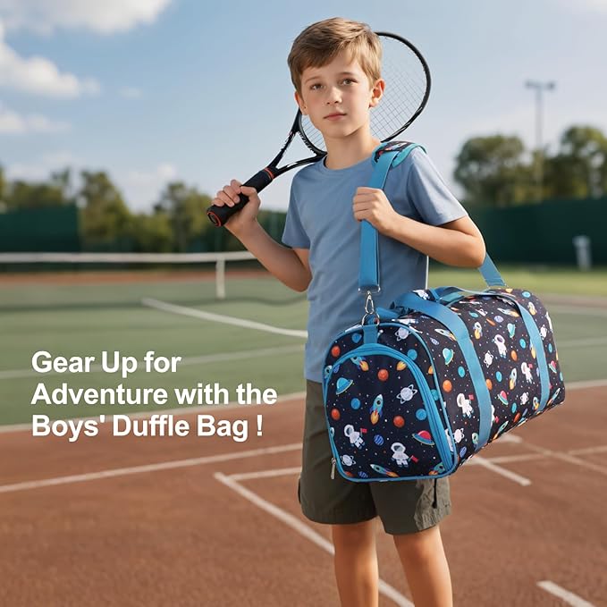 Bagseri Sports Bag for Boys - Waterproof Kids Gym Bag for Travel Sleepover Overnight Duffle Bag with Shoe Compartment and Dry Wet Separation Pockets (Blue Space Astronaut)