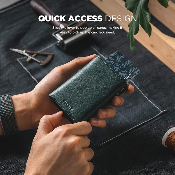 VULKIT Pop up Card Wallet Minimalist Cash Wallets RFID Blocking Leather Smart Credit Card Holder with ID window for Men(Green)