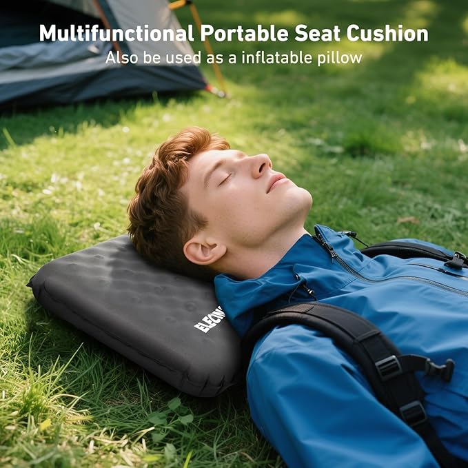 Inflatable Seat Cushion, Self Inflating Memory Foam Stadium Seat Cushion Lightweight Camping Chair Pad Airplane Cushion for Long Flights Outdoor Travel Bleacher Office Car Backpacking (Grey)