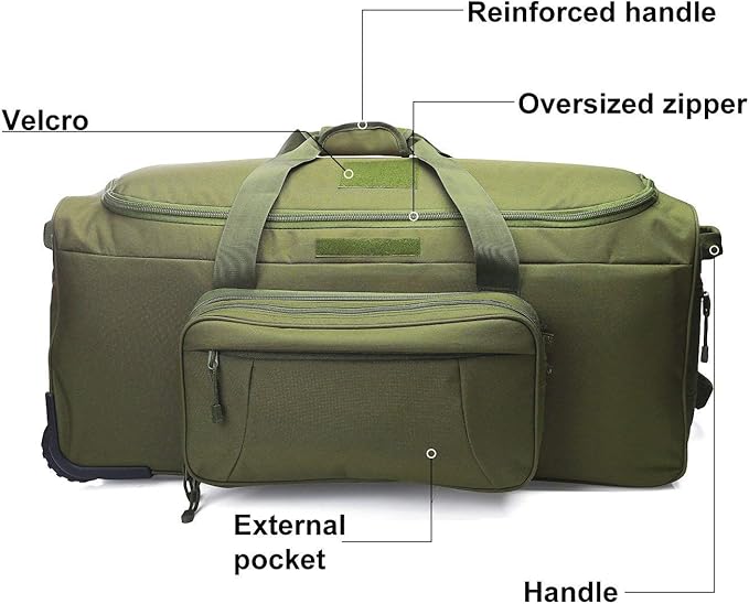 Heavy-Duty X-Large Military Tactical Wheeled Rolling Duffel Trolley Bag For Deployment Traveling Camping Sporting