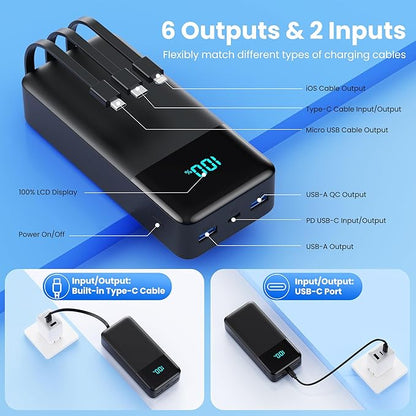 Portable Charger 50800mAh Power Bank with 3 Built in Cables,25W PD QC4.0 Fast Charging USB C Battery Pack,6 Outputs Travel Outdoor Essentials Portable Phone Charger for iPhone 17/16/15,Galaxy,Android