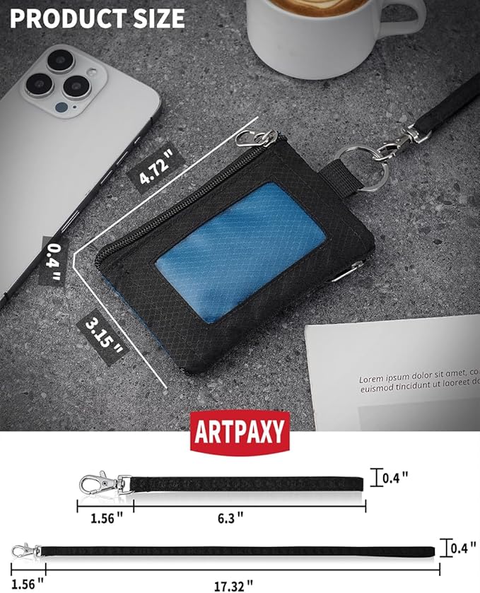 Minimalist Wallet For Mens Womens, Keychain RFID Blocking Zipper Small Wallet with ID Window 2 Lanyards,Water Resistant Travel Cash Card Coin Case Boys Girls