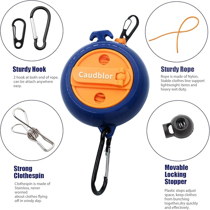 Portable Travel Clothesline Cord, Caudblor Adjustable 33ft Camping Clothes line, Laundry Drying Rope for Hotel Trip, Cruise, Outdoor/Indoor, with 12Pcs Stoppers, Windproof Clothespins