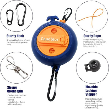 Portable Travel Clothesline Cord, Caudblor Adjustable 33ft Camping Clothes line, Laundry Drying Rope for Hotel Trip, Cruise, Outdoor/Indoor, with 12Pcs Stoppers, Windproof Clothespins