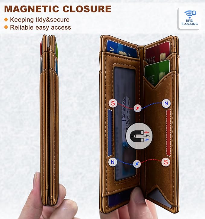 BULLIANT Men Wallet,Top Grain Leather Slim Wallet Magnetic Closure Simplifed Bill Folder RFID Blocking 11Cards