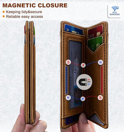 BULLIANT Men Wallet,Top Grain Leather Slim Wallet Magnetic Closure Simplifed Bill Folder RFID Blocking 11Cards