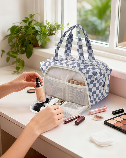 Narwey Travel Toiletry Bag, Wide-open Large Toiletry Bags for Traveling Women, Checkered Travel Bag for Toiletries Cosmetic Makeup Bag Organizer, Skincare Make Up Bag (Greyish Blue Checkerboard)