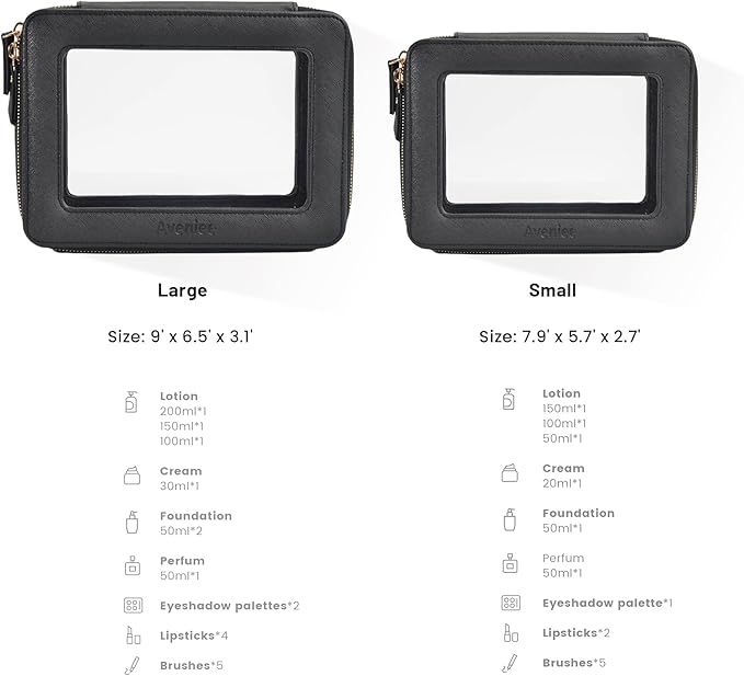Aveniee Clear Makeup Bag Set (2-Piece Mini & Midi) - Travel Toiletry Organizer for Women, Waterproof Cosmetic Pouch & Car Accessory for Travel Size Toiletries, Black