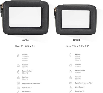 Aveniee Clear Makeup Bag Set,Portable Travel Toiletry Bag Cosmetic Case for Women,Vegan Leather Make Up Pouch Organizer Car Bag for Essentials 2pcs,Middle & Large,Black
