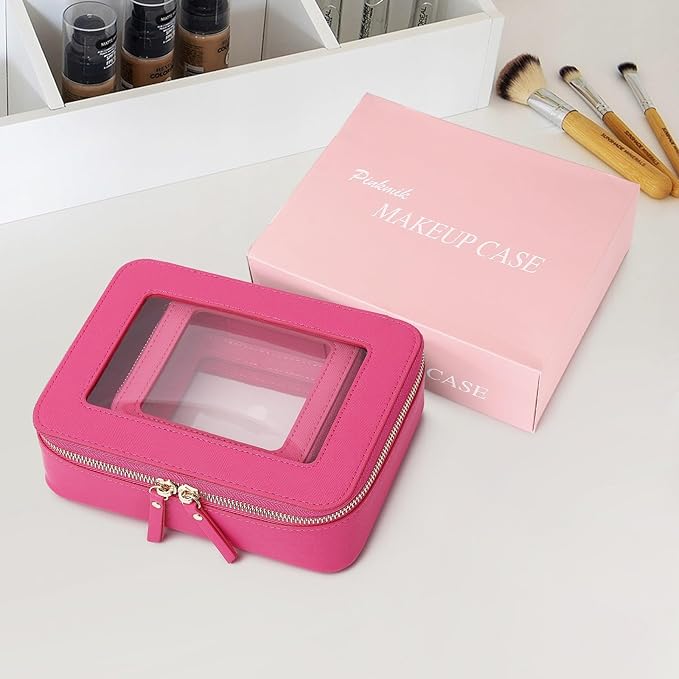 Pinkmik Clear Makeup Bag Waterproof Travel Case for Cosmetics and Toiletries Women's Purse Organizer and Clear Car Bag with Zipper (X/Fuxia, M+MINI)