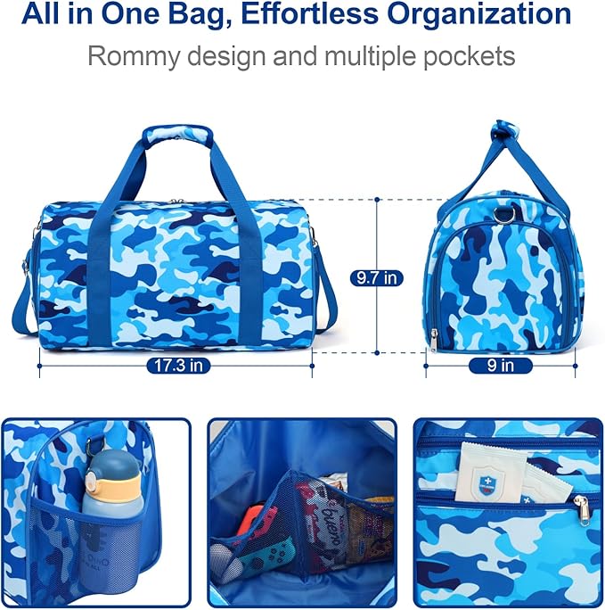 Bagseri Travel Duffle Bag Boys - Waterproof Kids Gym Sports Bag for Overnight Sleepover Bag with Shoe Compartment and Dry Wet Separation Pockets (Blue Camo)