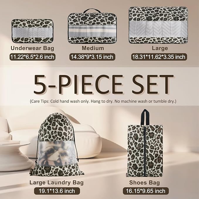 U+U 5 Set Packing Cubes for Travel Essentials Ultralight Luggage Packing Organizers with Laundry Bag and Shoe Bag for Vacation, Business Trip and Camping (Leopard)