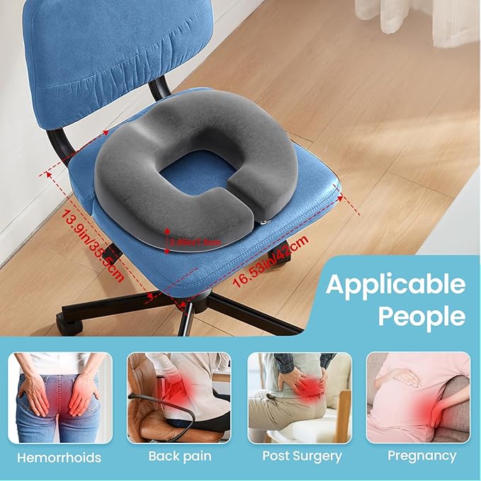 Benazcap Donut Pillow Seat Cushion, Donut Chair Cushions for Postpartum Pregnancy & Hemorrhoids, Sciatica & Hip & Coccyx Pain Relief-Grey