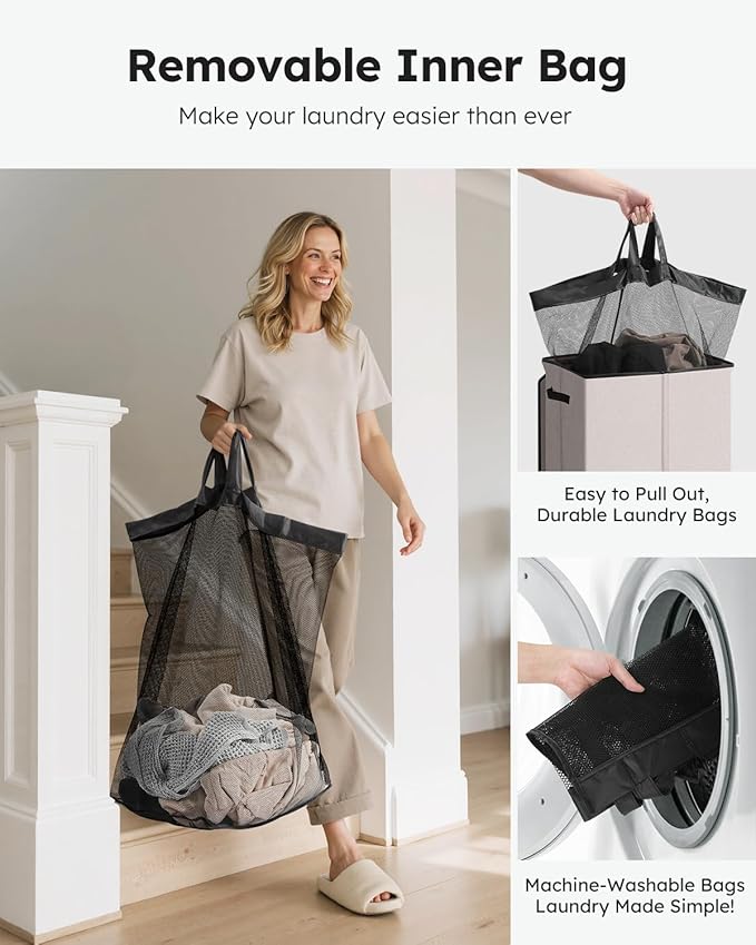 SOLEDI Laundry Hamper with Lid 130L Large & Tall Collapsible Laundry Basket, Clothes Hamper with Bag Removable Easy to Carry, Dirty Hampers for Bedroom, Bathroom, Dorm, College, Light taupe