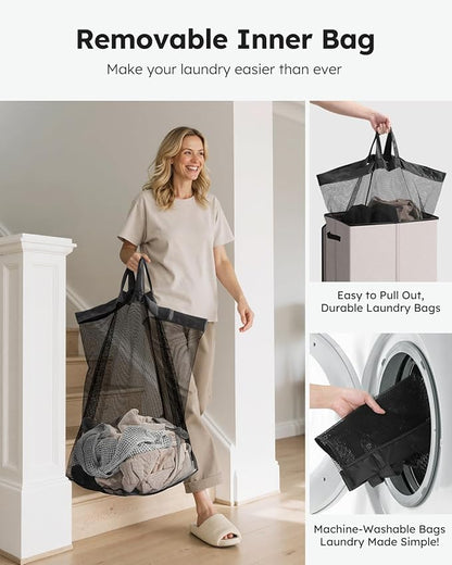 SOLEDI Laundry Hamper with Lid 130L Large & Tall Collapsible Laundry Basket, Clothes Hamper with Bag Removable Easy to Carry, Dirty Hampers for Bedroom, Bathroom, Dorm, College, Light taupe