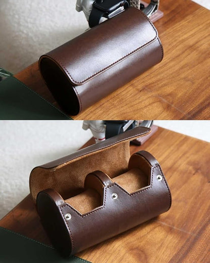 Premium Leather Travel Case, Variable Size Pillow Design, Roll Organizer for Men and Women, Brown 2 Slot Portable Storage Box With Faux Suede Fabric Lining