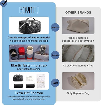 BOYATU Travel Makeup Bags for Women Cosmetic Bag: Puffy Make up Bags Set of 3 - Vegan Leather Makeup Organizer - Waterproof Large Toiletry Bag with Compartments - Travel Essentials (H-1-Black)