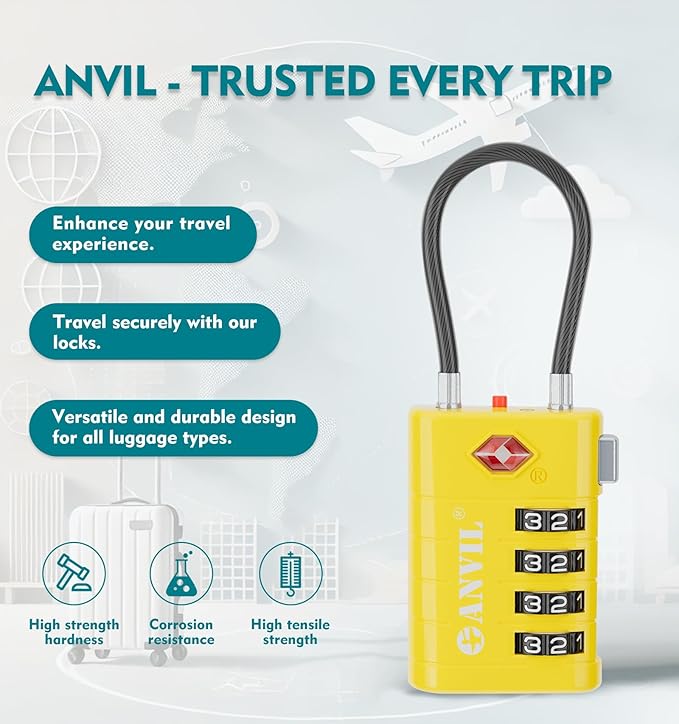 ANVIL 4 Digit Luggage Locks, TSA Locks for Luggage, Advanced TSA008 core, Alert Indicator for Your Travel Lock, Suitcase Lock. (4, Yellow)