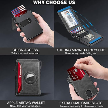 Airtag Wallet for Men, Mens Smart Wallet for Air Tag RFID Blocking, Minimalist Bifold Pop Up Aluminum Credit Card Case Holder 12+ Cards with ID Window, Gift for Men, No Airtag Included, Gray
