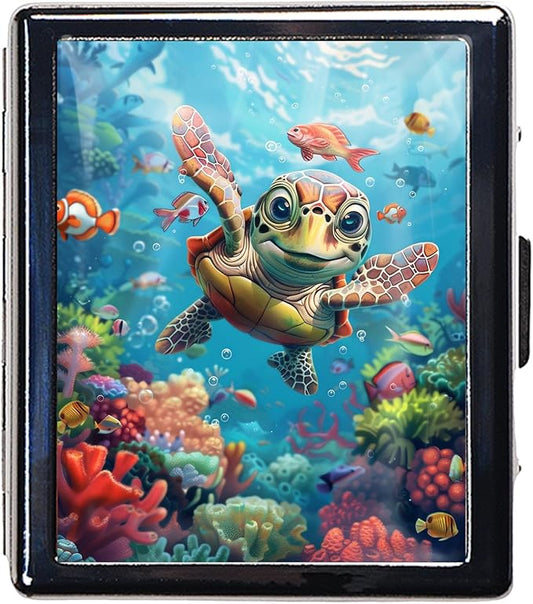 7 Days Chromed Shiny Silver Pill Organizer with Mirror Inside Has 8 Separate Compartments Rectangle 7 Days Pill Box Pill Case (Turtle)