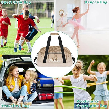 Personalized Kids Sports Duffel Bag with Name Custom Weekender Overnight Bag for Boys Girls Gym Bag Travel Dance Gymnastics Duffel Bag, Tan Glitter