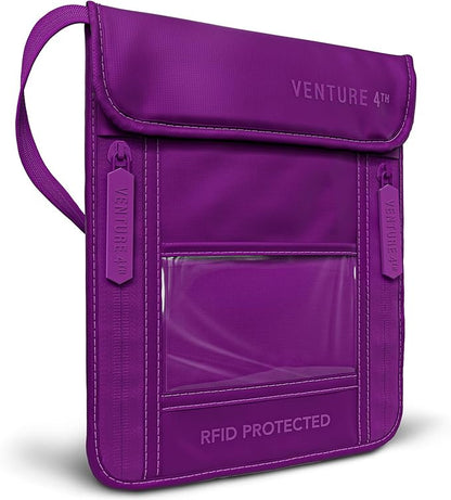 VENTURE 4TH Neck Wallet, RFID Blocking Passport Holder for Travel – Hidden Neck Pouch with 5 Compartments, Slim Lightweight Organizer with Adjustable Strap for Cash, Cards & Passport (Sleek Purple)