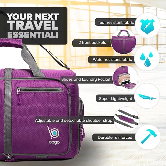 Bago Foldable Duffel Bags for Traveling Women & Men - 40L Sports Packable Duffle Bag for Travel with Shoe Compartment - Water Repellant, Heavy Duty, Lightweight Folding & Collapsible (Purple)