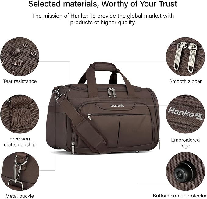 Hanke Carry On luggage Bags for Travel, Large Foldable Duffle Bag for Travel, Softside Lightweight Travel Bag Carry On Bags for Airplanes Women, Travel Tote Bags for Women Men.（Coffee）