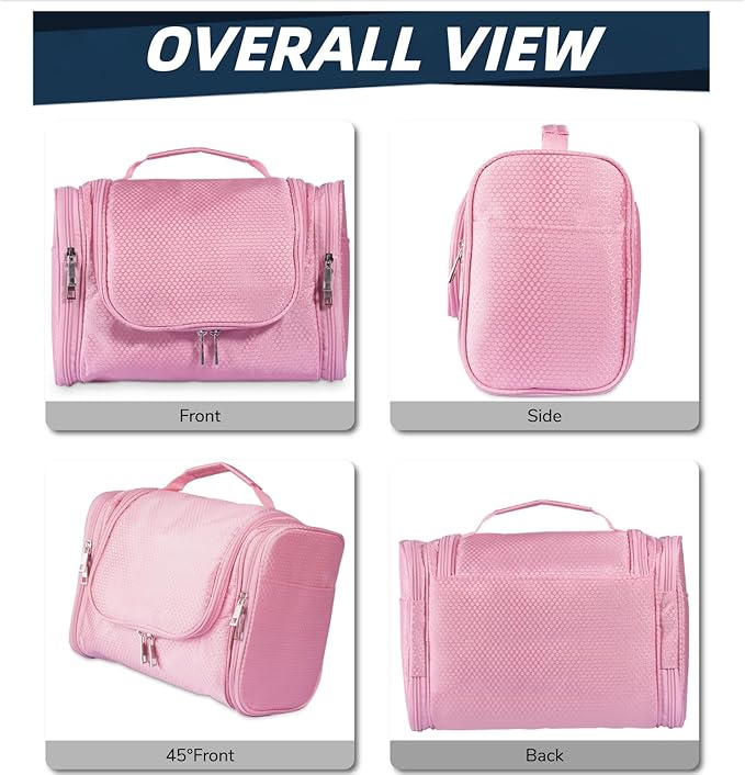 Buruis Large Toiletry Bag for Women and Men, Hanging Travel Bag for Makeup, Cosmetics, Shaving, Toiletries, Water-Resistant Dopp Kit for Gym, Camping, or Daily Use, Pink