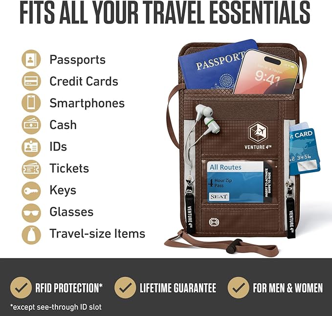 VENTURE 4TH Neck Wallet, RFID Blocking Passport Holder for Travel – Hidden Neck Pouch with 6 Compartments, Slim Lightweight Organizer with Adjustable Strap for Cash, Cards & Passport (Brown)