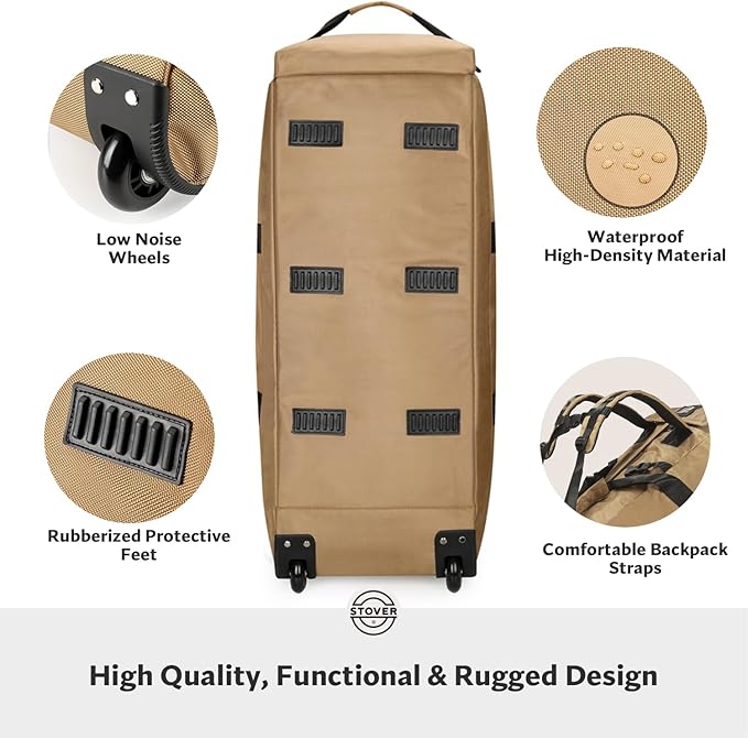 STOVER 80L Rolling Duffel Bag with Wheels, Large 31 Inch Durable Travel Duffle Bag + Toiletry Bag, Heavy Duty, Packable, Foldable w/Shoulder Straps- Use as Luggage or Backpack, Men/Women (Tan)