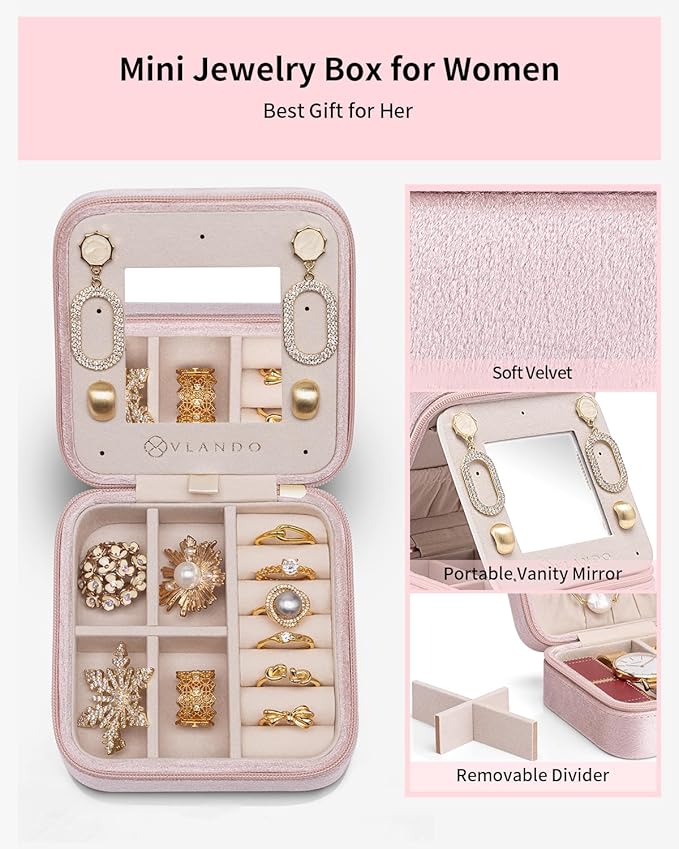Vlando Velvet Travel Jewelry Case, Jewelry Travel Box for Women, Travel Jewelry Organizer, Small, Portable Jewelry Boxes with Mirror - Pink