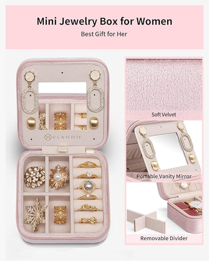 Vlando Velvet Travel Jewelry Case, Jewelry Travel Box for Women, Travel Jewelry Organizer, Small, Portable Jewelry Boxes with Mirror - Pink