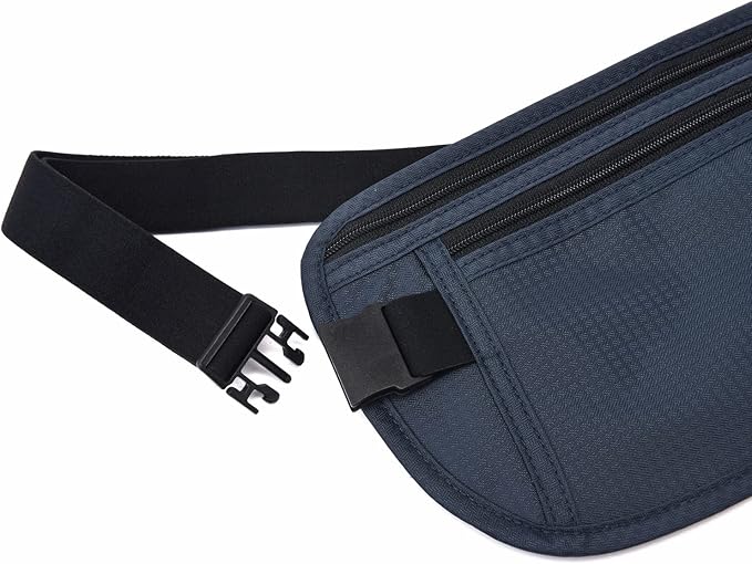 RFID Blocking Money Belt for Men Women, Slim Fanny Pack For Travel，Running,Conceal Waist Wallet For Passport Holder,Phone,Cash(Dark Blue)