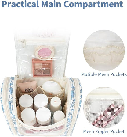 Narwey Hanging Toiletry Bag Women Travel Makeup Bag Organizer Toiletries Bag for Travel Size Essentials Accessories Cosmetics (Medium,Little Blue Flower)