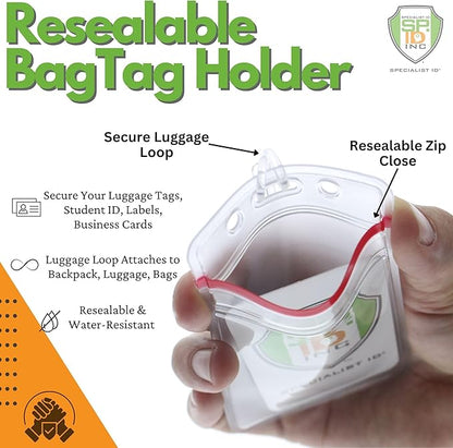 Bulk 100 Pack - RESEALABLE Clear Plastic Luggage Identification Tags with Loops Included - Business Card or Photo Insert Bag Tags - Great for Travel and Student ID’s by Specialist ID