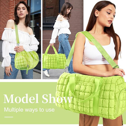 Quilted Travel Duffle Bag Gym Bag for Women,Large Puffer Duffle Weekender Bag with Compartment,Workout Overnight Carry on Organizer Bag Duffle Bag for Airplane Travel(L-Green)