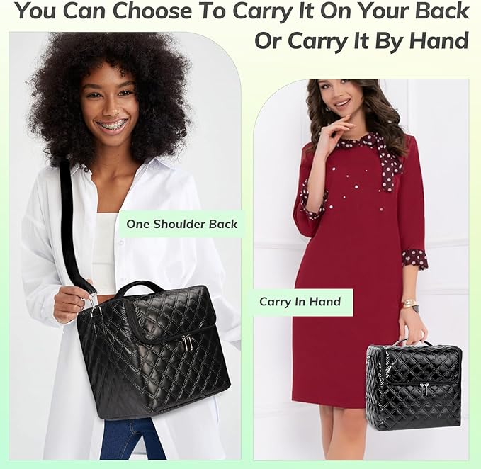 Deciniee Travel Makeup Bag, 4 Trays Large Cosmetic Bag for Woman with Adjustable Dividers, Organizer Bag Waterproof, Travel Essentials Cosmetic Bag, Train Case for Nail Tech Black