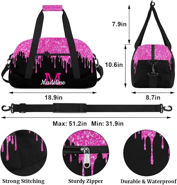 Personalized Kids Sports Duffel Bag with Name Custom Weekender Overnight Bag for Boys Girls Gym Bag Travel Dance Gymnastics Duffel Bag, HotPink Glitter