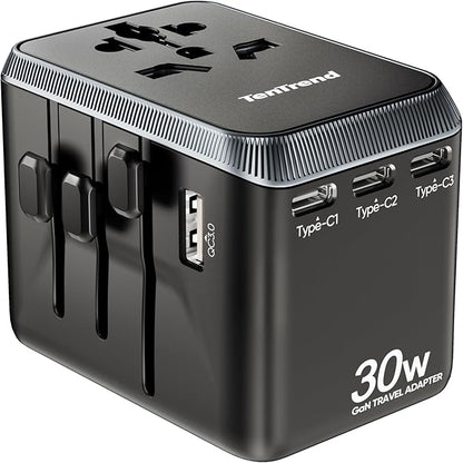 Universal Travel Adapter, 30W International Power Adapter with 4 USB-C & 1 USB-A Ports, European Travel Plug Adapter, Worldwide Travel Essentials for EU UK AUS USA
