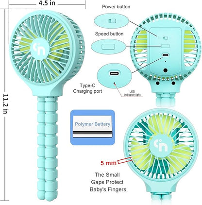 WiHoo Portable Stroller Fan, 11H Ultra-long Battery Life 3 Speed 360°Rotate, USB Rechargeable or Battery Operated Cooling Clip On Personal Fan for Baby Crib Travel Car Seat Blue