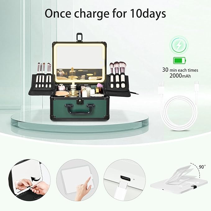 Makeup Case with Lighted Mirror, Makeup Box Organizer with Detachable LED Mirror, Travel Makeup Train Case, Waterproof Cosmetic Organizer, Standing Makeup Brush Holder, Gift, Black Green