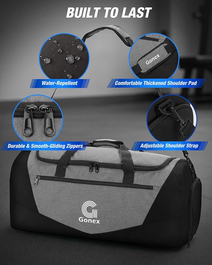 Gonex Gym Duffel Bag with Shoe Compartment Wet Pocket, Large Capacity Sports Duffle Bag for Men Women, Workout & Travel Bag with Multiple Pockets, Black/Gray, Large (100L)