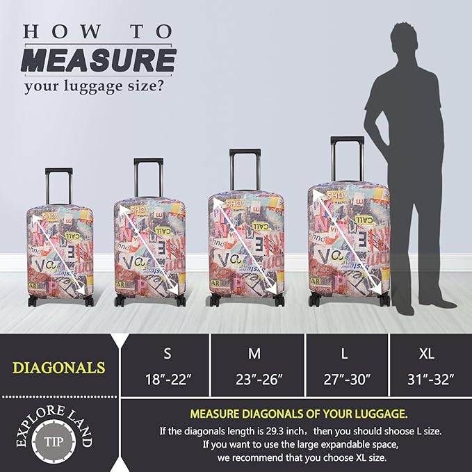 Explore Land Travel Luggage Cover Suitcase Protector Fits 31-32 Inch Case (Retro Pictorial, XL)