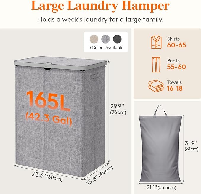 Lifewit 165L Laundry Basket with Lid, Large Laundry Hamper with Plastic Handles and Removable Bag, Foldable Tall Dirty Clothes Hampers for Laundry for Laundry Room, Bedroom, Bathroom, Dorm, Light Gray