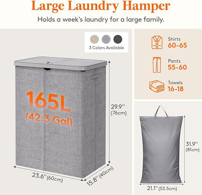 Lifewit 165L Laundry Basket with Lid, Large Laundry Hamper with Plastic Handles and Removable Bag, Foldable Tall Dirty Clothes Hampers for Laundry for Laundry Room, Bedroom, Bathroom, Dorm, Light Gray