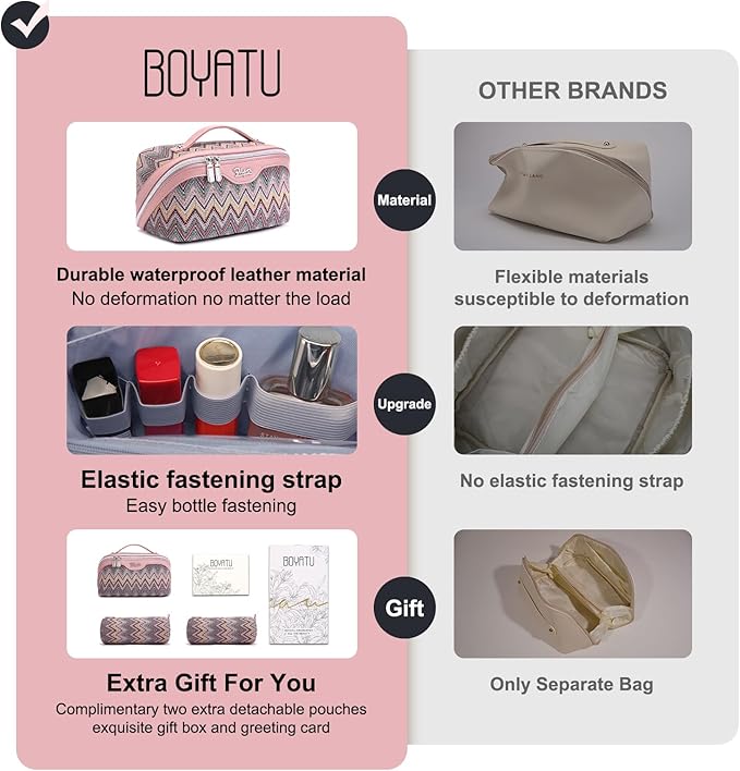 BOYATU Travel Makeup Bag for Women: Western Boho Make up Bag Set of 3 - Large Capacity Vegan Leather Cosmetic Bag - Waterproof Toiletry Bag with Compartments & Handle & Divider(J-1-Pink)
